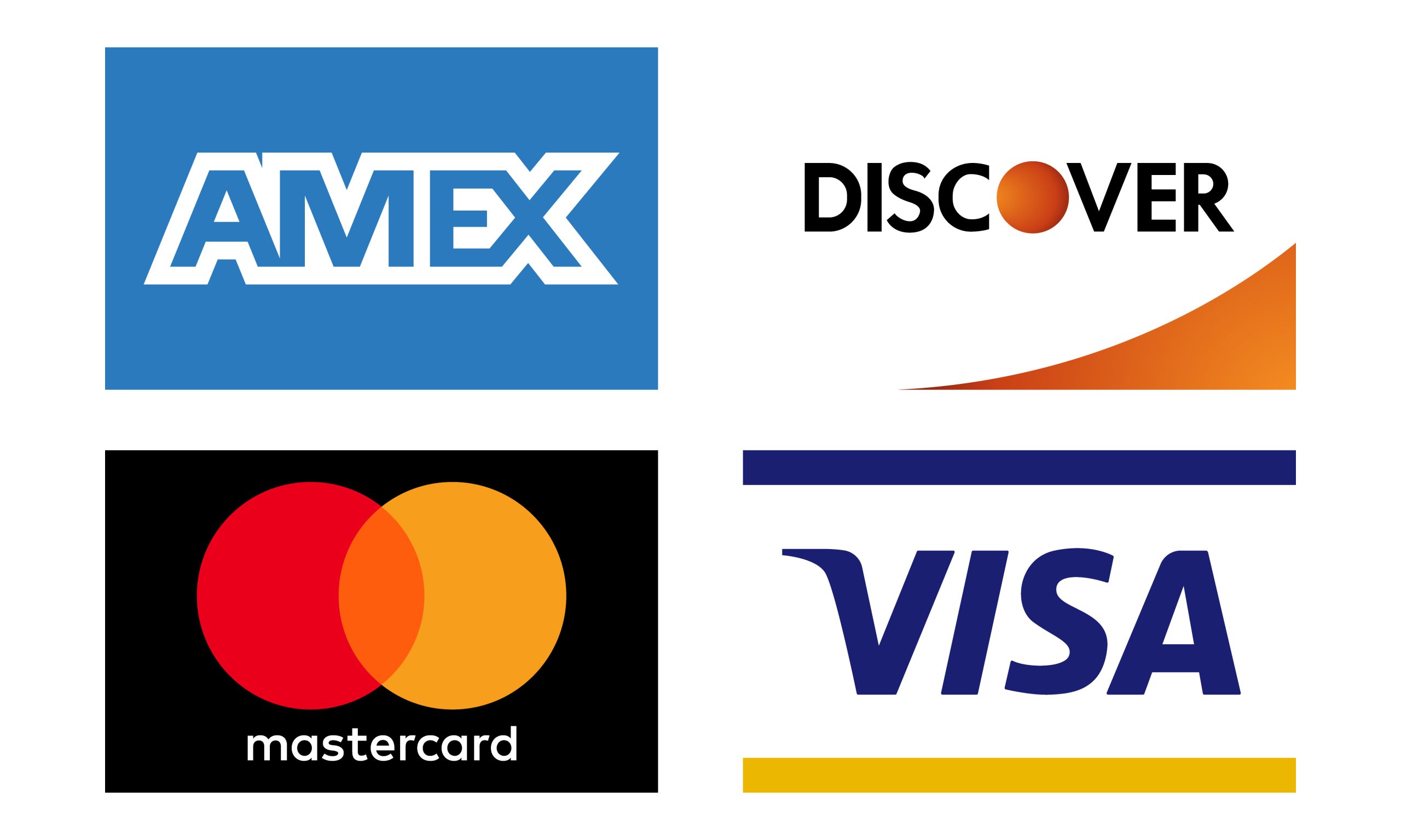 accepted payment icons - Visa, Mastercard, Discover, AMEX